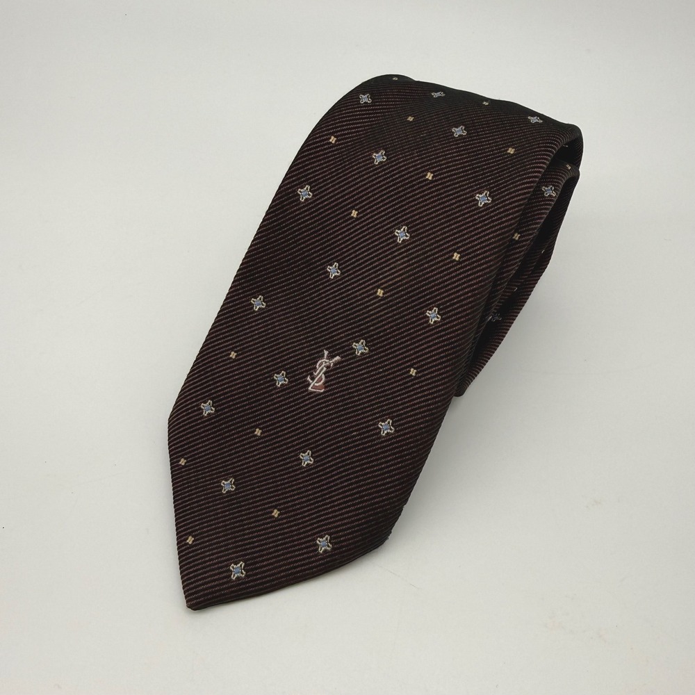Vintage 1980s Yves Saint Laurent YSL Silk Tie Burgundy Brown Geometric Monogram